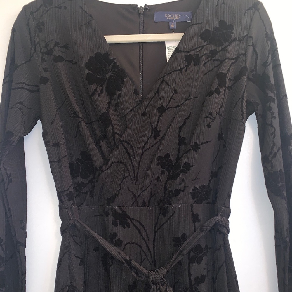 RACHEL Roy long black velvet Dress, Velour flowers, SMALL, long sleeve, holiday - Picture 3 of 6